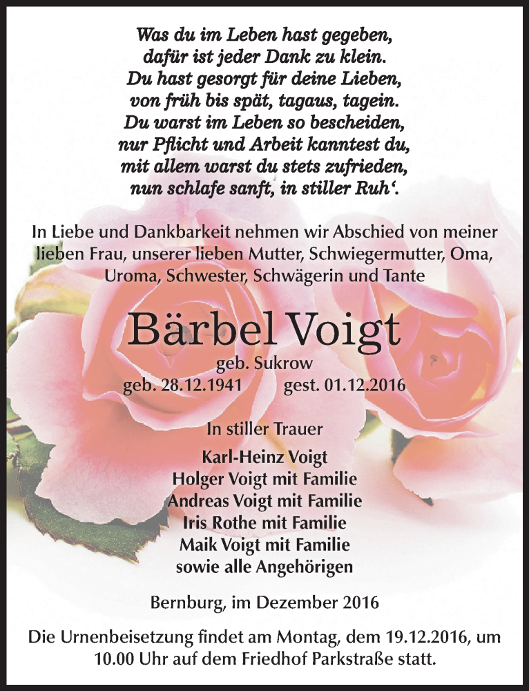  Traueranzeige für Bärbel Voigt vom 10.12.2016 aus Mitteldeutsche Zeitung Bernburg