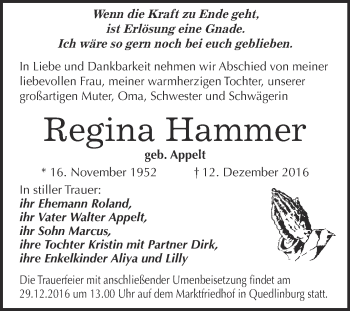 Traueranzeige von Regina Hammer von WVG - Wochenspiegel Quedlinburg