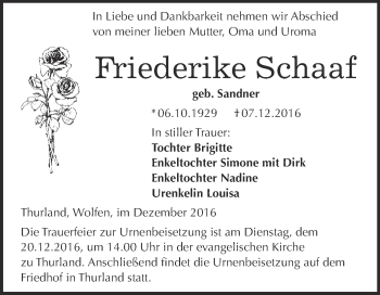 Traueranzeige von Friederike Schaaf von WVG - Wochenspiegel Bitterfeld
