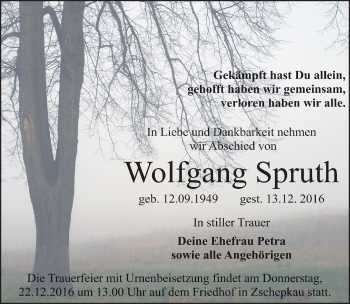 Traueranzeige von Wolfgang Spruth von Mitteldeutsche Zeitung Bitterfeld
