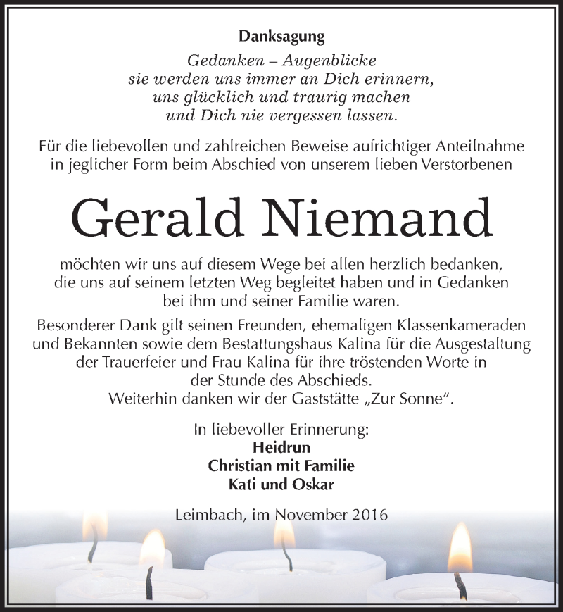  Traueranzeige für Gerald Niemand vom 03.12.2016 aus Mitteldeutsche Zeitung Mansfelder Land