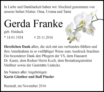 Traueranzeige von Gerda Franke von Super Sonntag SGH Mansf. Land