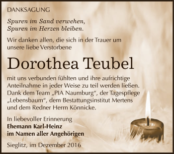 Traueranzeige von Dorothea Teubel von WVG - Wochenspiegel NMB / WSF / ZTZ