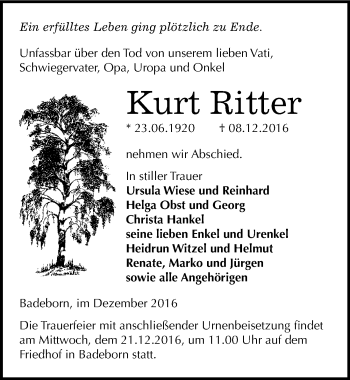 Traueranzeige von Kurt Ritter von Mitteldeutsche Zeitung Quedlinburg