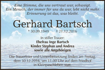 Traueranzeige von Gerhard Bartsch von WVG - Wochenspiegel Dessau / Köthen