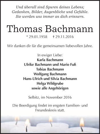 Traueranzeige von Thomas Bachmann von WVG - Wochenspiegel Wittenberg