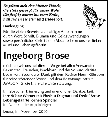 Traueranzeige von Ingeborg Brose von Mitteldeutsche Zeitung Merseburg/Querfurt