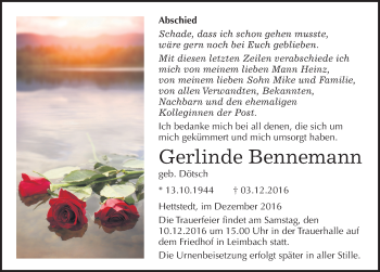 Traueranzeige von Gerlinde Bennemann von Mitteldeutsche Zeitung Mansfelder Land