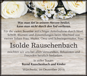 Traueranzeige von Isolde Rauschenbach von Mitteldeutsche Zeitung Zeitz