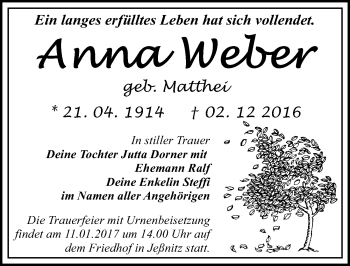 Traueranzeige von Anna Weber von Mitteldeutsche Zeitung Bitterfeld