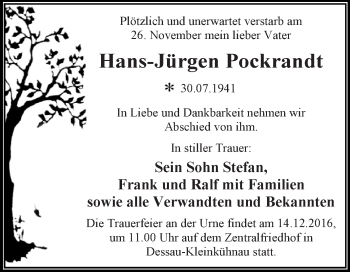 Traueranzeige von Hans-Jürgen Pockrandt von WVG - Wochenspiegel Dessau / Köthen