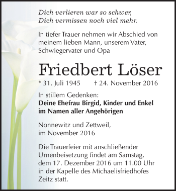 Traueranzeige von Friedbert Löser von Mitteldeutsche Zeitung Zeitz