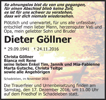 Traueranzeige von Dieter Göllner von Super Sonntag Aschersleben