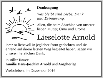 Traueranzeige von Lieselotte Arnold von Mitteldeutsche Zeitung Mansfelder Land