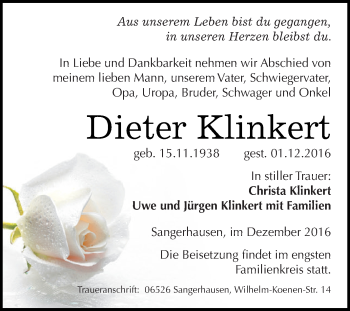 Traueranzeige von Dieter Klinkert von Super Sonntag SGH Mansf. Land