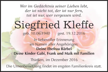 Traueranzeige von Siegfried Kleffe von Super Sonntag Wittenberg