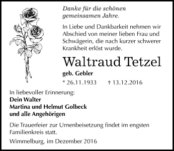 Traueranzeige von Waltraud Tetzel von Mitteldeutsche Zeitung Mansfelder Land