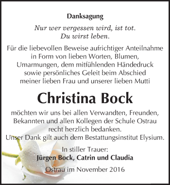 Traueranzeige von Christina Bock von Mitteldeutsche Zeitung Halle/Saalkreis