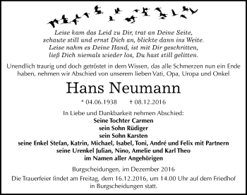 Traueranzeige von Hans Neumann von Mitteldeutsche Zeitung Naumburg/Nebra