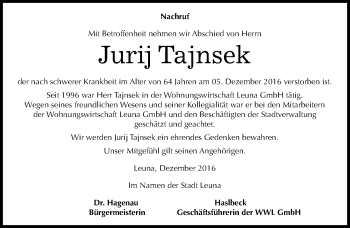 Traueranzeige von Jurij Tajnsek von Mitteldeutsche Zeitung Merseburg/Querfurt