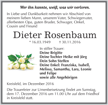 Traueranzeige von Dieter Rosenbaum von Mitteldeutsche Zeitung Mansfelder Land