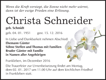 Traueranzeige von Christa Schneider von Mitteldeutsche Zeitung Merseburg/Querfurt