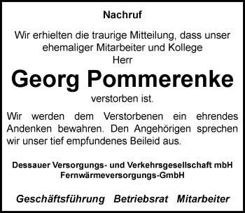 Traueranzeige von Georg Pommerenke von Mitteldeutsche Zeitung Dessau-Roßlau