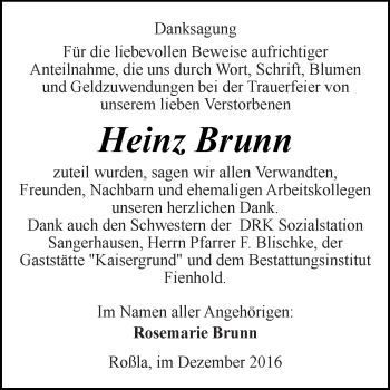 Traueranzeige von Heinz Brunn von Super Sonntag SGH Mansf. Land
