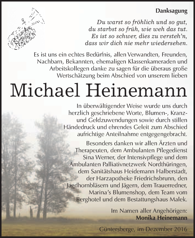  Traueranzeige für Michael Heinemann vom 10.12.2016 aus WVG - Wochenspiegel Quedlinburg