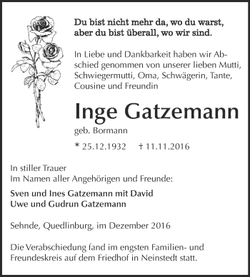 Traueranzeige von Inge Gatzemann von Super Sonntag Quedlinburg