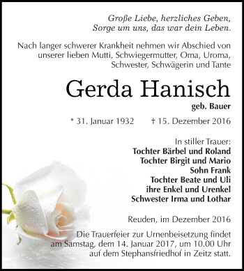 Traueranzeige von Gerda Hanisch von Super Sonntag Zeitz