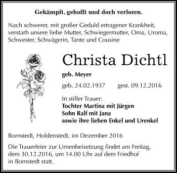 Traueranzeige von Christa Dichtl von Mitteldeutsche Zeitung Sangerhausen