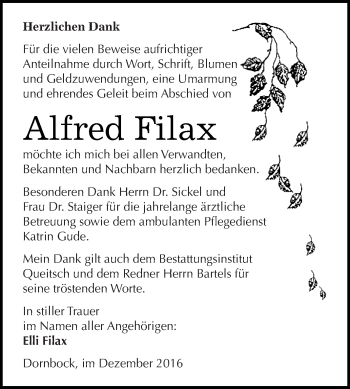 Traueranzeige von Alfred Filax von WVG - Wochenspiegel Dessau / Köthen