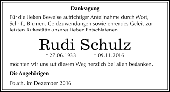 Traueranzeige von Rudi Schulz von Mitteldeutsche Zeitung Bitterfeld