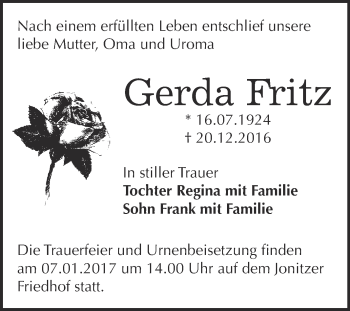 Traueranzeige von Gerda Fritz von WVG - Wochenspiegel Dessau / Köthen