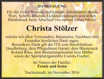 Traueranzeige von Christa Stölzer von Mitteldeutsche Zeitung Aschersleben