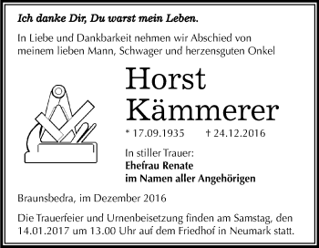 Traueranzeige von Horst Kämmerer von WVG - Wochenspiegel Merseburg