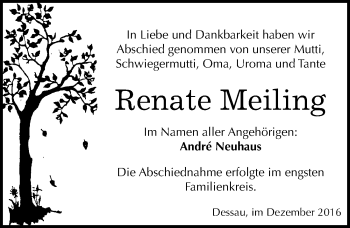 Traueranzeige von Renate Meiling von Mitteldeutsche Zeitung Dessau-Roßlau