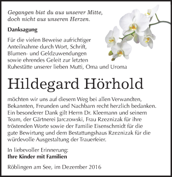 Traueranzeige von Hildegard Hörhold von Mitteldeutsche Zeitung Mansfelder Land