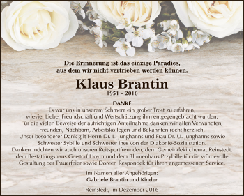 Traueranzeige von Klaus Brantin von Super Sonntag Aschersleben