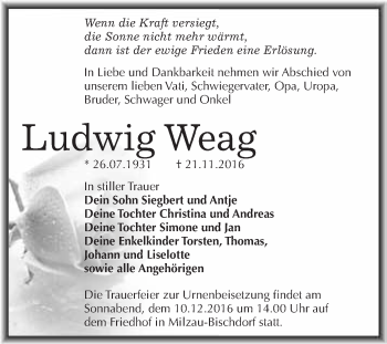 Traueranzeige von Ludwig Weag von WVG - Wochenspiegel Merseburg