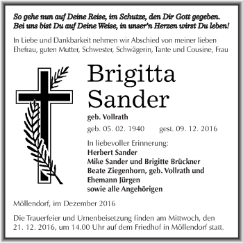 Traueranzeige von Brigitta Sander von Super Sonntag SGH Mansf. Land
