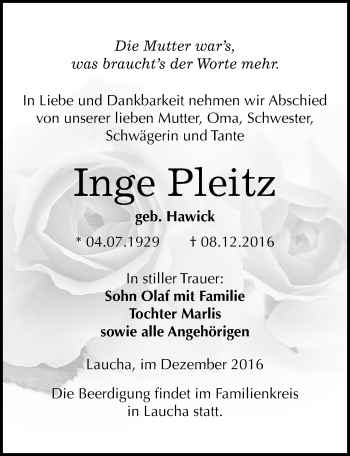 Traueranzeige von Inge Pleitz von Mitteldeutsche Zeitung Naumburg/Nebra