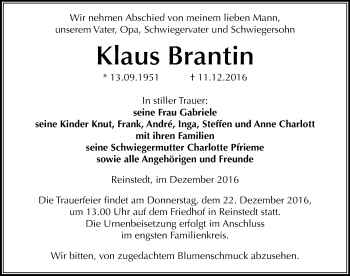 Traueranzeige von Klaus Brantin von Mitteldeutsche Zeitung Quedlinburg