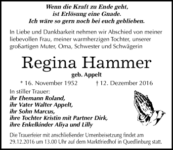Traueranzeige von Regina Hammer von Mitteldeutsche Zeitung Quedlinburg