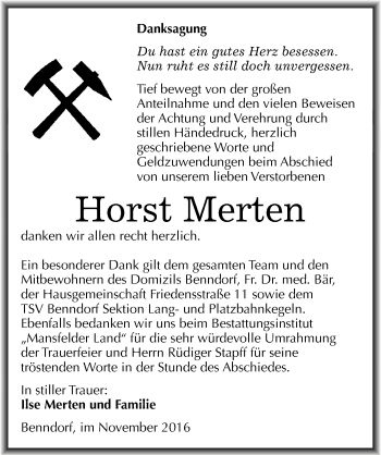 Traueranzeige von Horst Merten von Mitteldeutsche Zeitung Mansfelder Land