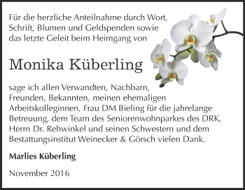 Traueranzeige von Monika Küberling von Super Sonntag Bernburg