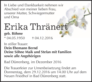 Traueranzeige von Erika Thränert von Super Sonntag Merseburg