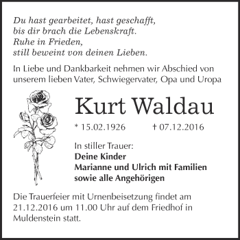 Traueranzeige von Kurt Waldau von WVG - Wochenspiegel Bitterfeld