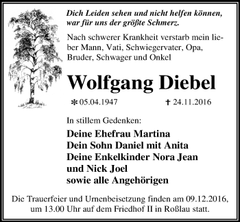 Traueranzeige von Wolfgang Diebel von Mitteldeutsche Zeitung Dessau-Roßlau
